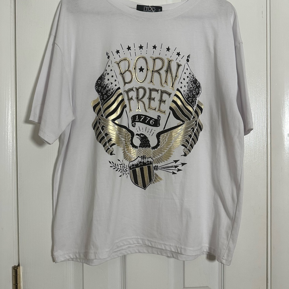 White Graphic T-Shirt with Gold and Black Design “Born Free”
